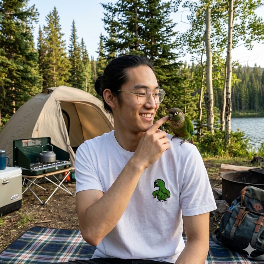 Birdie — Green Bird at camp