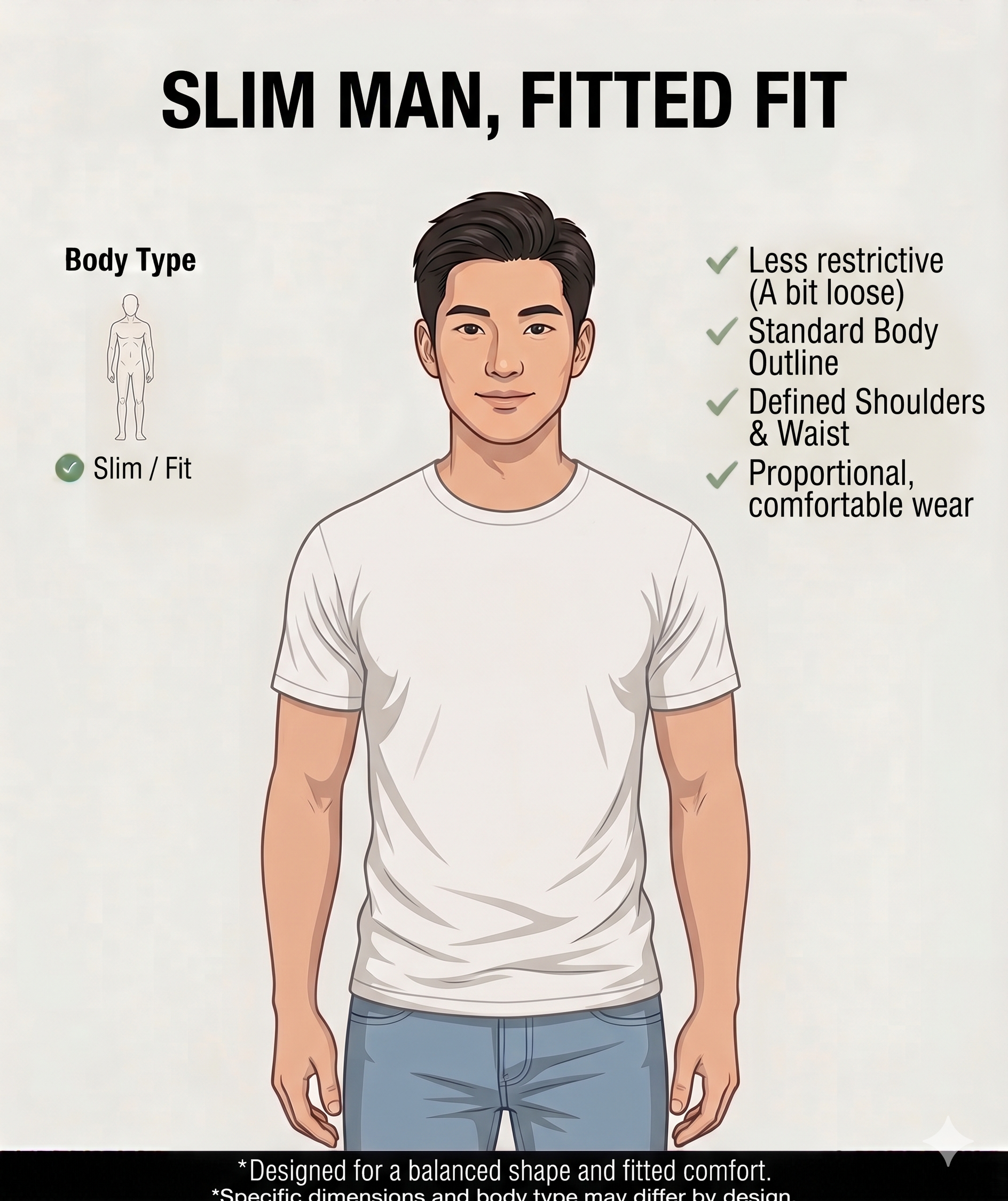 Slim man wearing Size 2 — comfortable fit