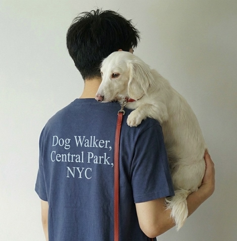 Dogwalker T lifestyle — Animal de Compagnie tee worn with dog